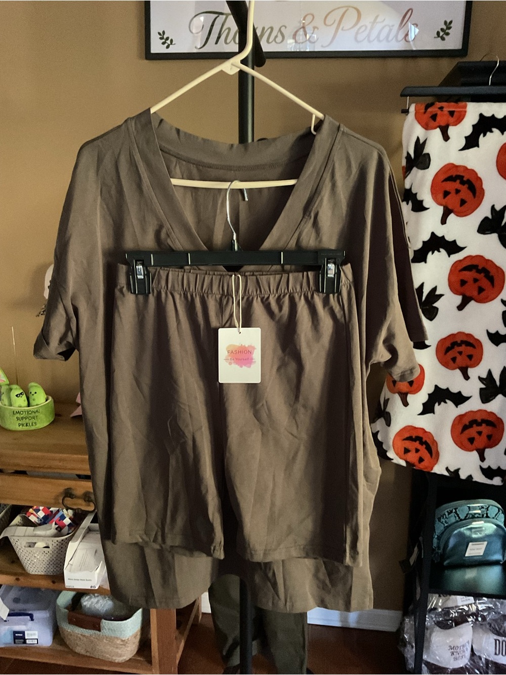 Relaxed V-Neck Short Sleeve Top and Shorts Set - Taupe.